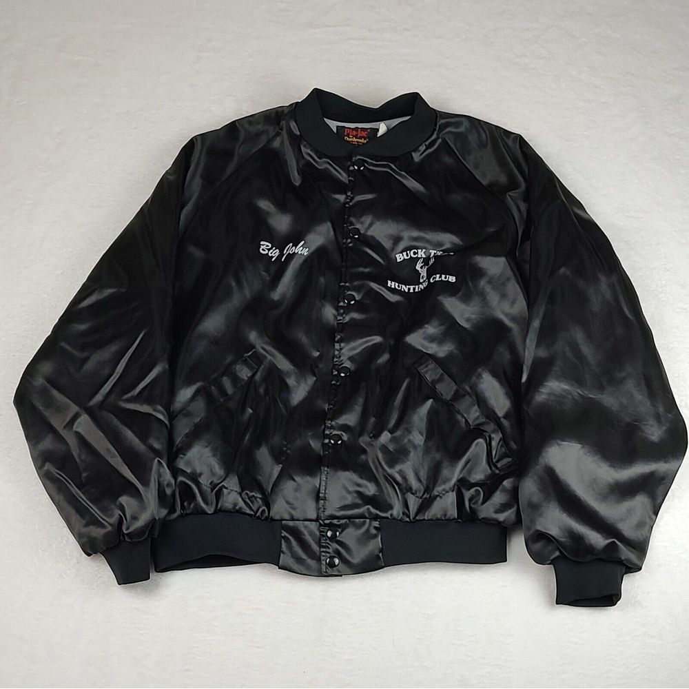 Vintage Pla-Jac Dunbrooke Black Satin Bomber Jacket XXL Buck‎ Trail Hunting Club